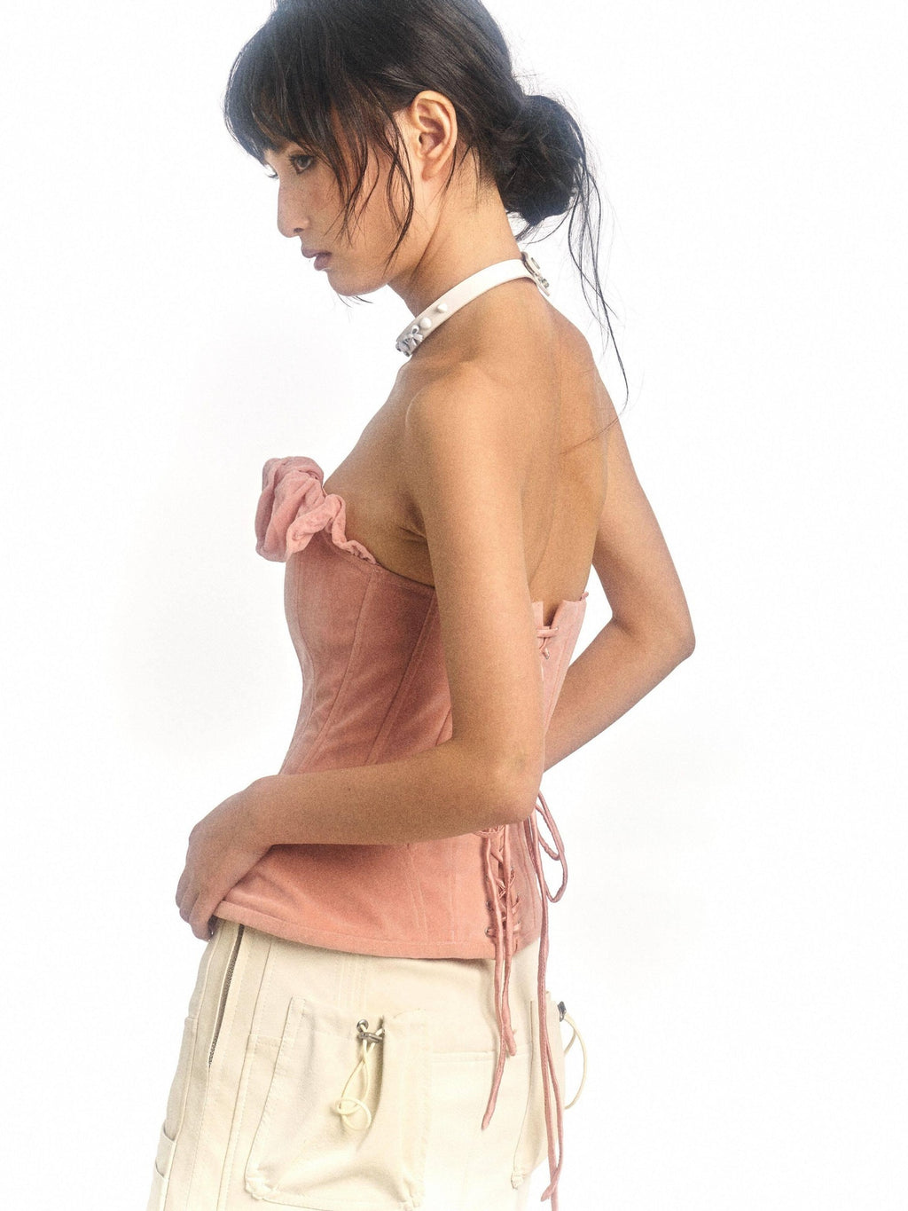 Flowers birds Market Zipper Detail Sweet Fitted Cropped Strapless Solid Pink Tube Tops / Bandeaus