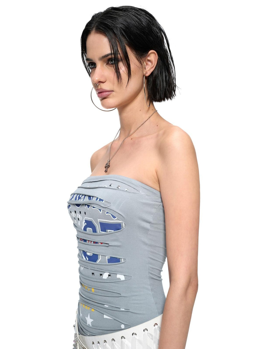JYOSEI Cotton Stretch Strapless Patchwork Cinched Waist Casual Mini Dresses