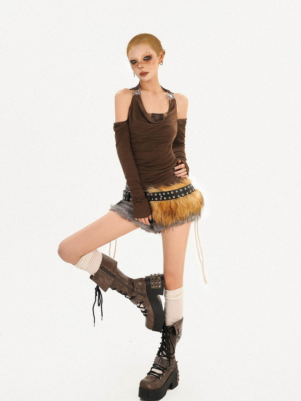 Nico Molly Sexy Backless Bardot Flared Sleeve Coffee Brown Leather Long Sleeve T-Shirts