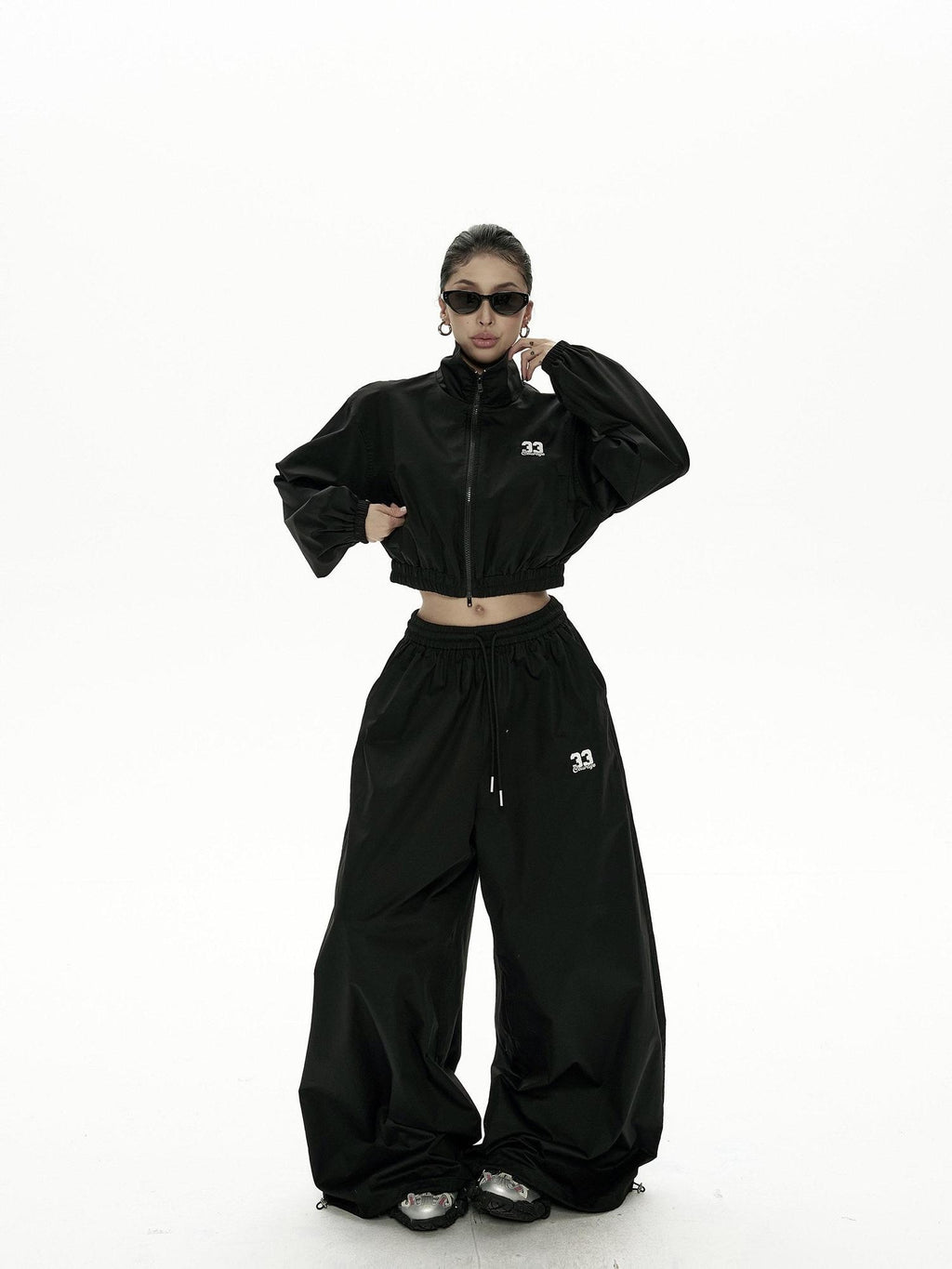 ZERO Embroidered Cotton Stand Collar Long Sleeve Casual Women Lounge Top & Pants Sets