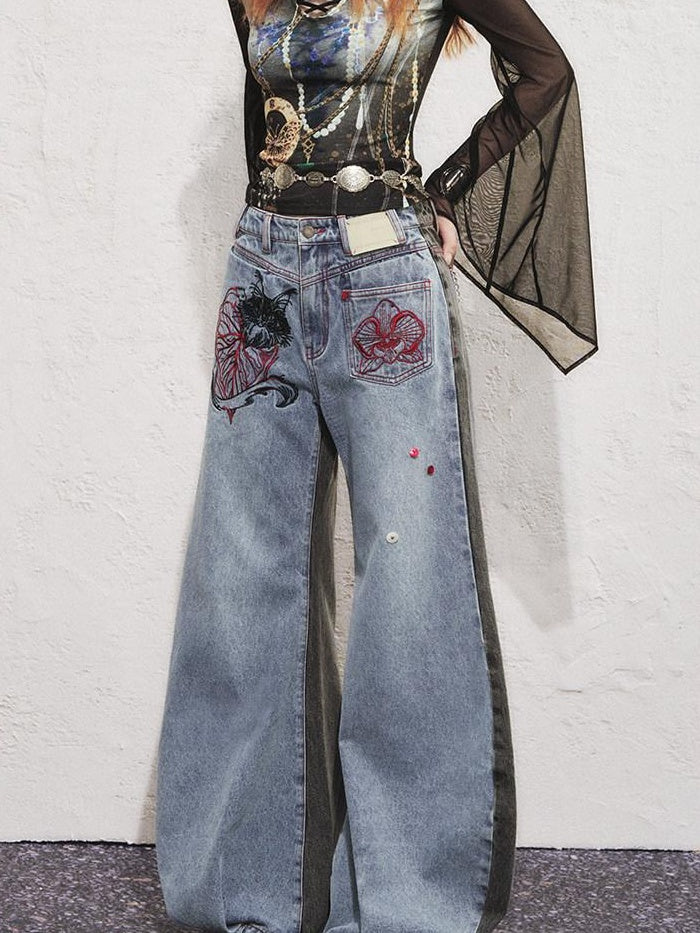 OfAkiva High Waist Vintage Embroidered Asymmetric Floral Cotton Women Wide Leg Jeans