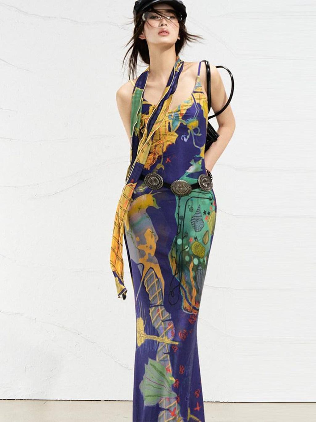 OfAkiva Sexy High Waist Square Neck Strappy Printed Stretch Polyester Maxi Dresses