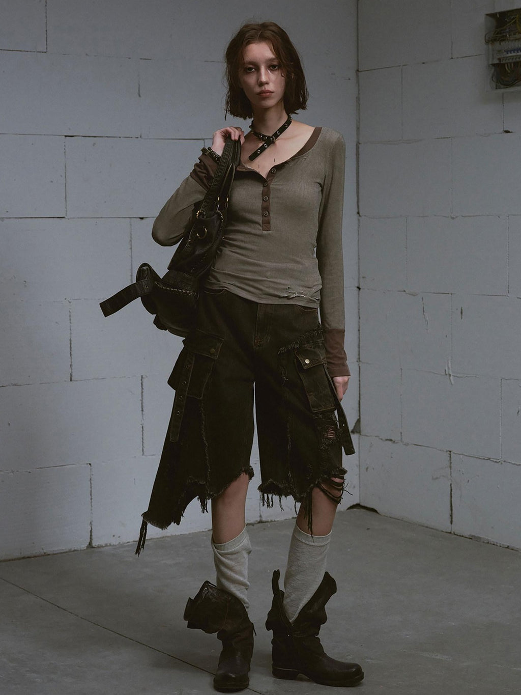 Cest Nous Ripped Patchwork Grunge High Waist Wide Leg Loose Cotton Washed Black Jeans