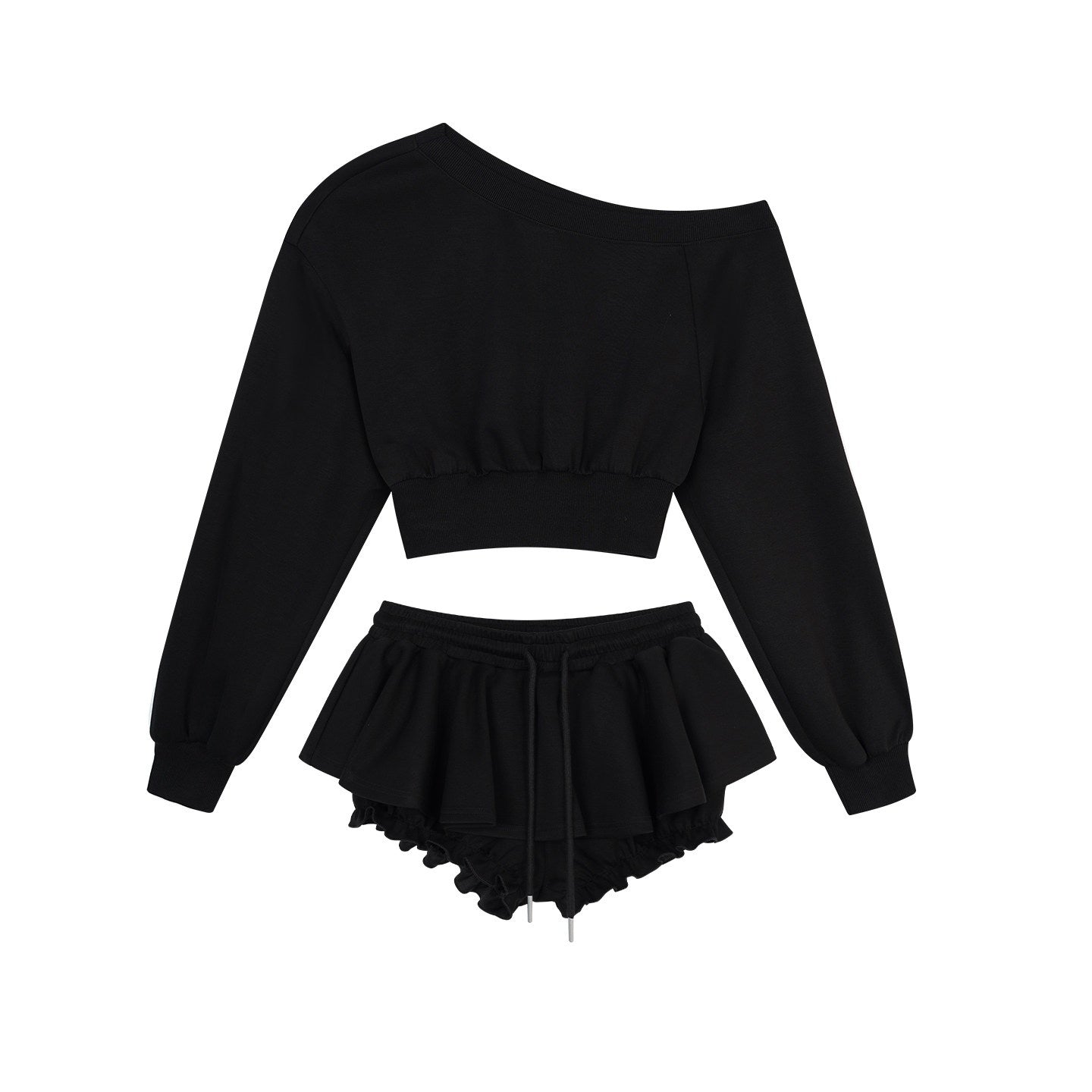 ZERO_Medium_Stretch_Viscose_Loose_Long_Sleeve_Casual_Women_Black_Top_&_Skirt_Sets_MISSTT
