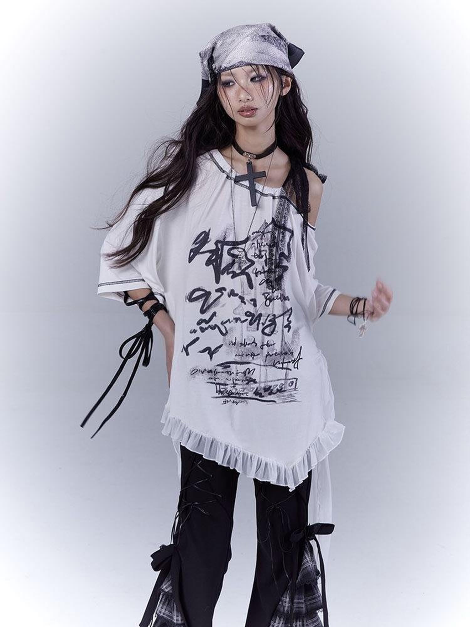 WSW Cotton Rich Print Street Loose Drop Shoulder Unisex White Short Sleeve T-Shirts