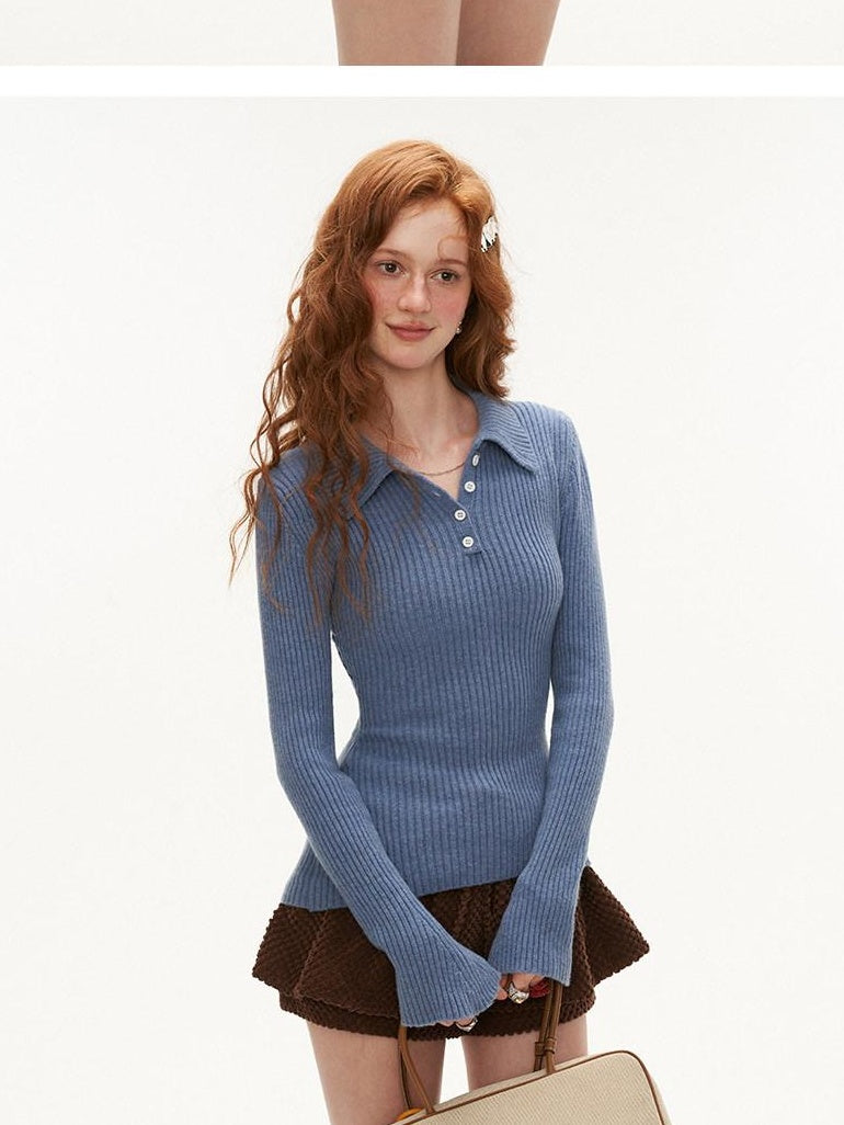 MAMC Minimalist Office Slim Fit Polo Collar Button Long Sleeve Women Purple Knitwear
