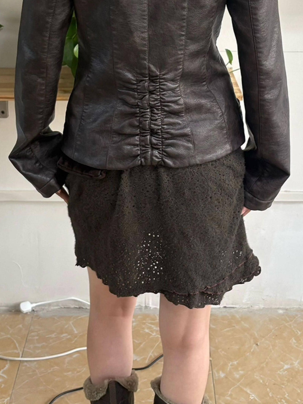 OPEN AESTHETIC Warm Fur Collar Slim Fit Retro Pleated Pu Brown Notch Collar Leather Jackets