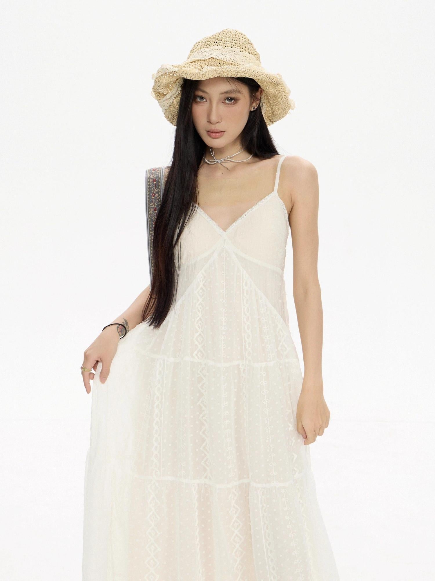 ZERO Sweet Spaghetti Strap V-neck Panel A Line Casual Polyester Maxi Dresses