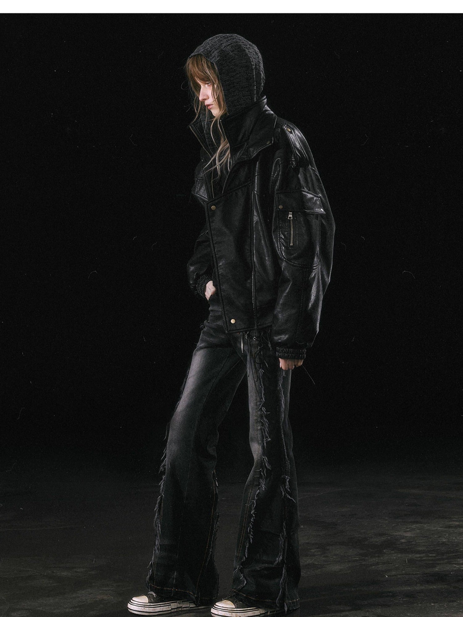 Cest Nous Thick Pu Leather Loose Fit Streetwear Long Sleeve Youth Black Bomberjackets