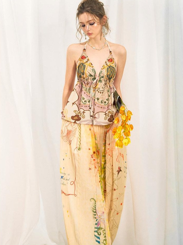 OfAkiva Dark Gothic Floral Embroidered Lantern Natural Waist Casual Women Wide Leg Pants
