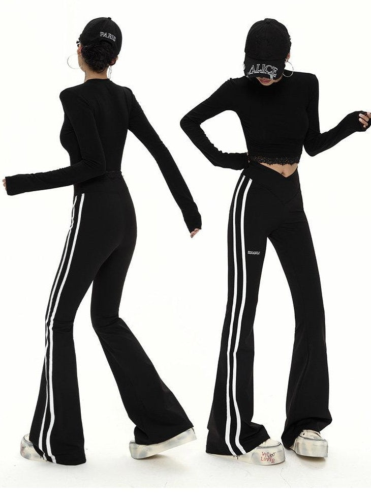 ZERO High Stretch Knit Micro Flared Street Sporty Women Striped Black Flared Pants