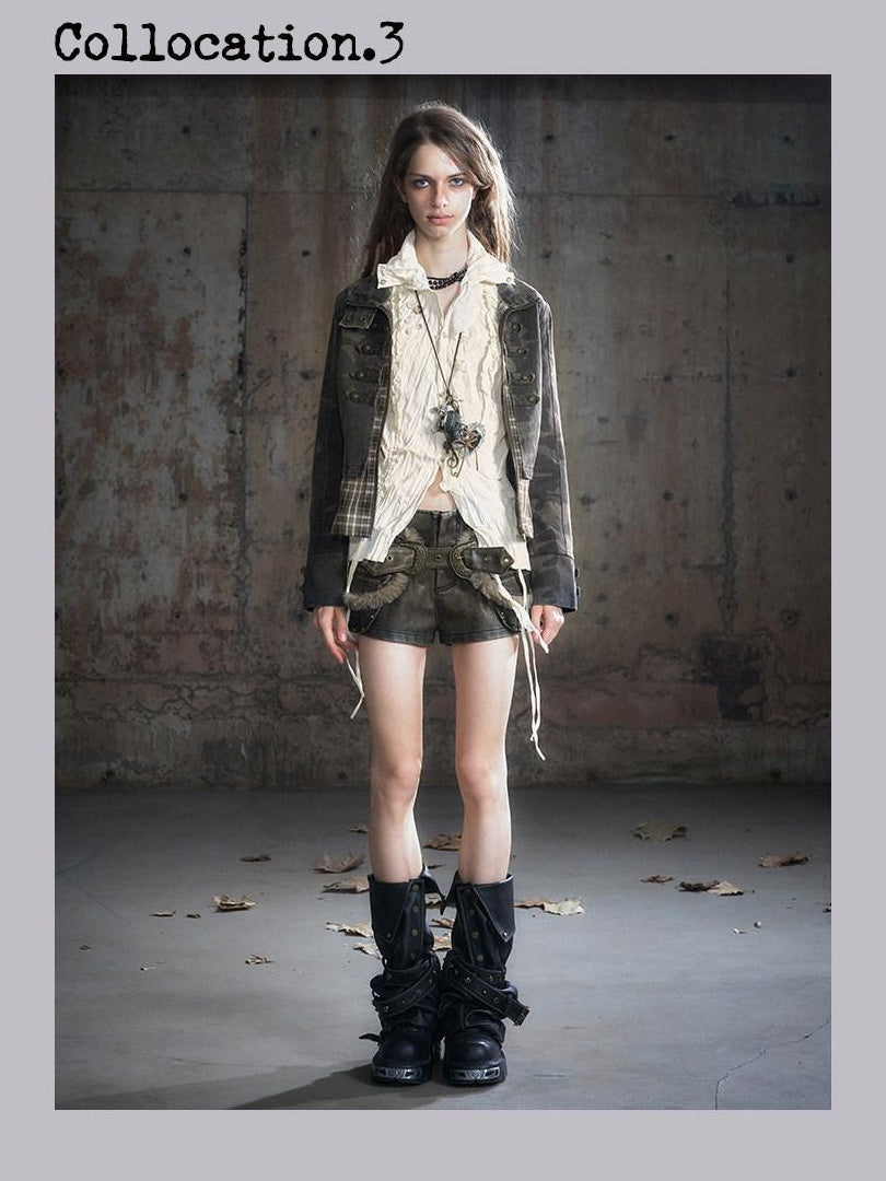 Cest Nous Frayed Punk Stand Collar Camo Cotton Button Long Sleeve Women Croppedjackets