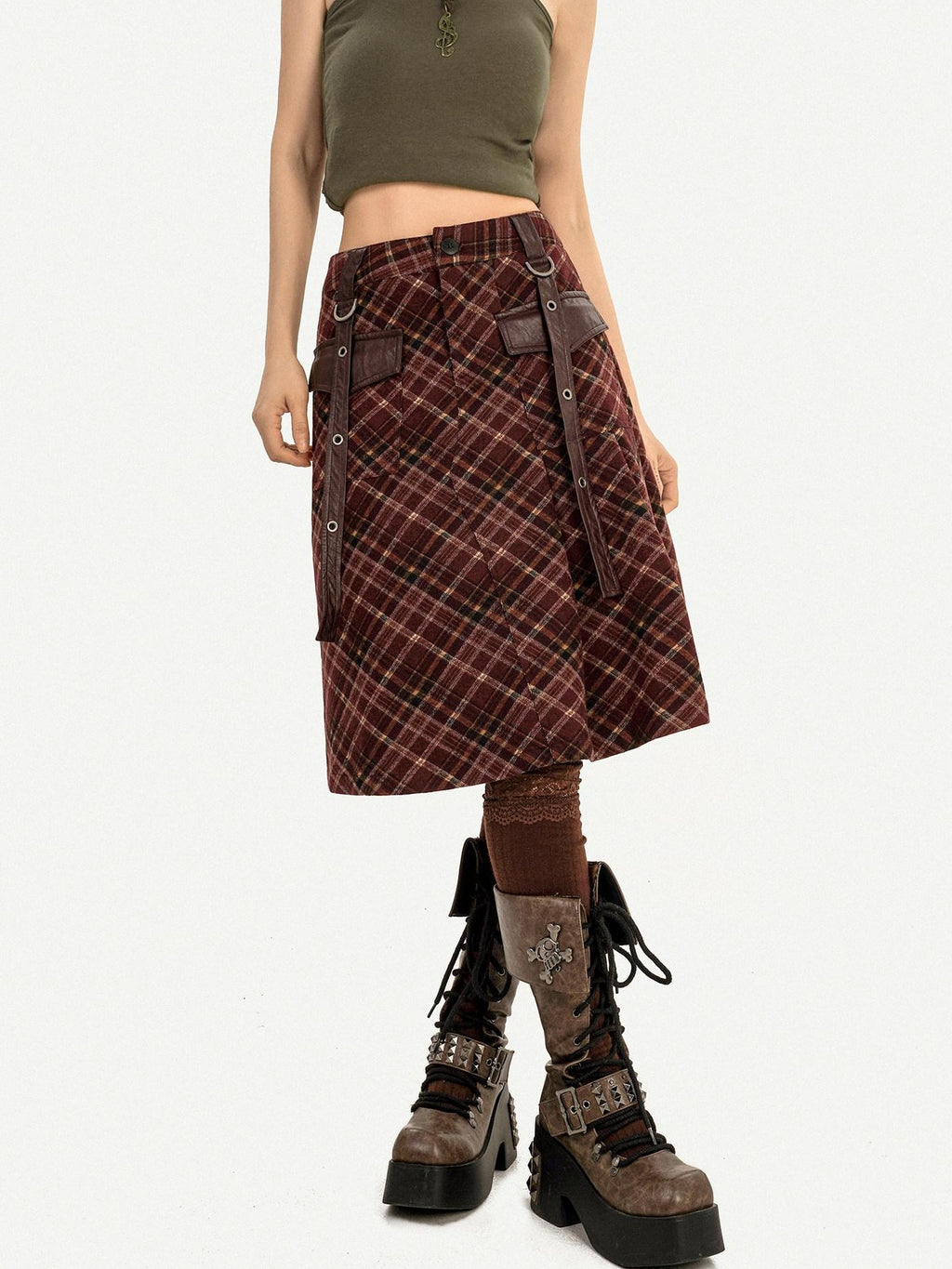 Nico Molly Casual Distressed Plaid A Line Button Pocket Midwaist Tweed Women Midi Skirts