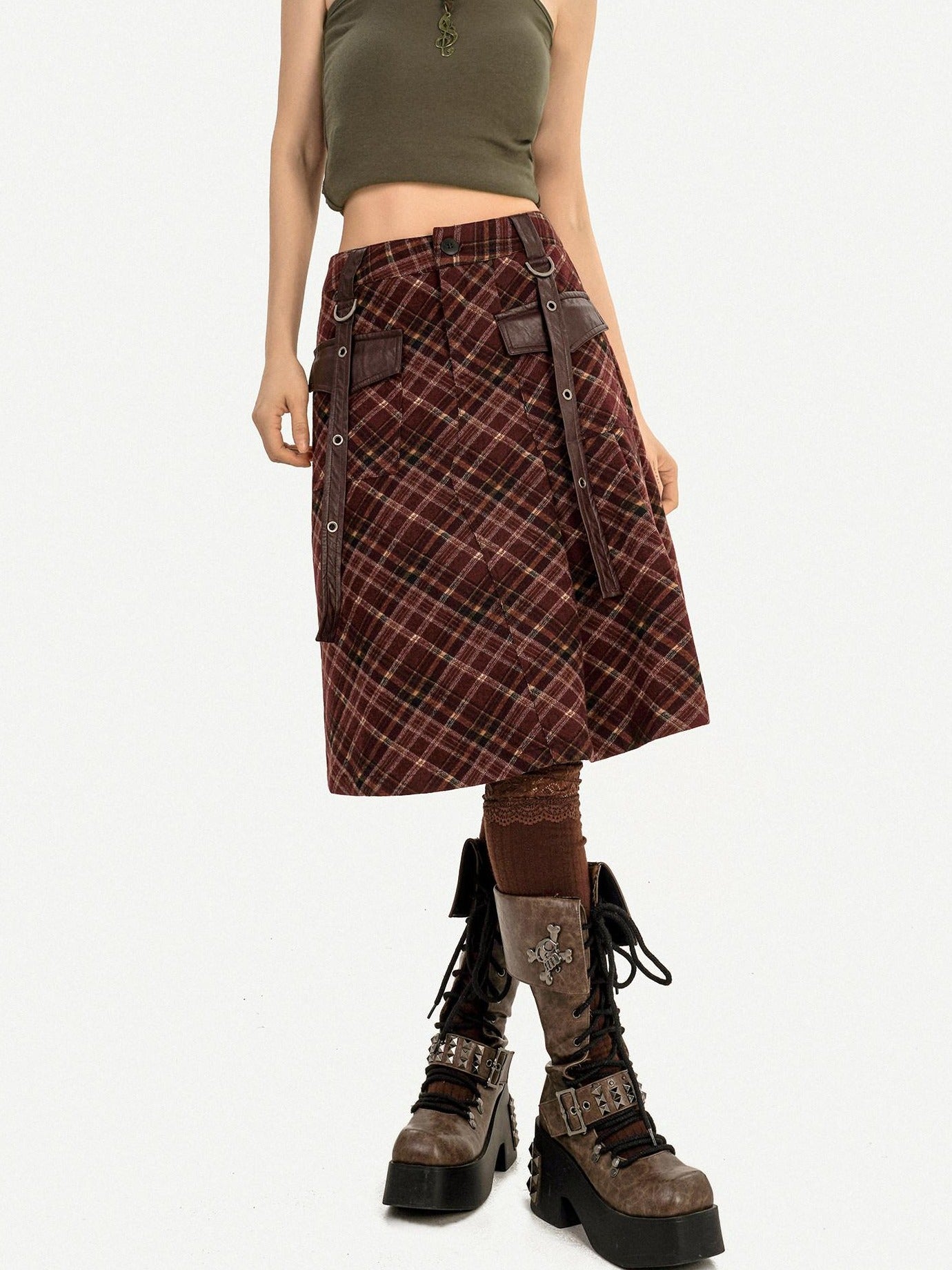 Nico Molly Casual Distressed Plaid A Line Button Pocket Midwaist Tweed Women Midi Skirts