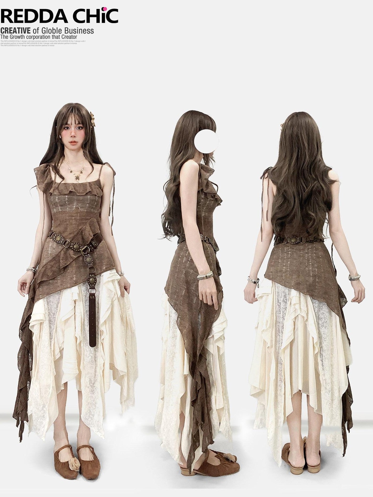 REDDACHIC Vintage Brown Ruffle Asymmetric Cami Women'S High Waist Top & Skirt Sets