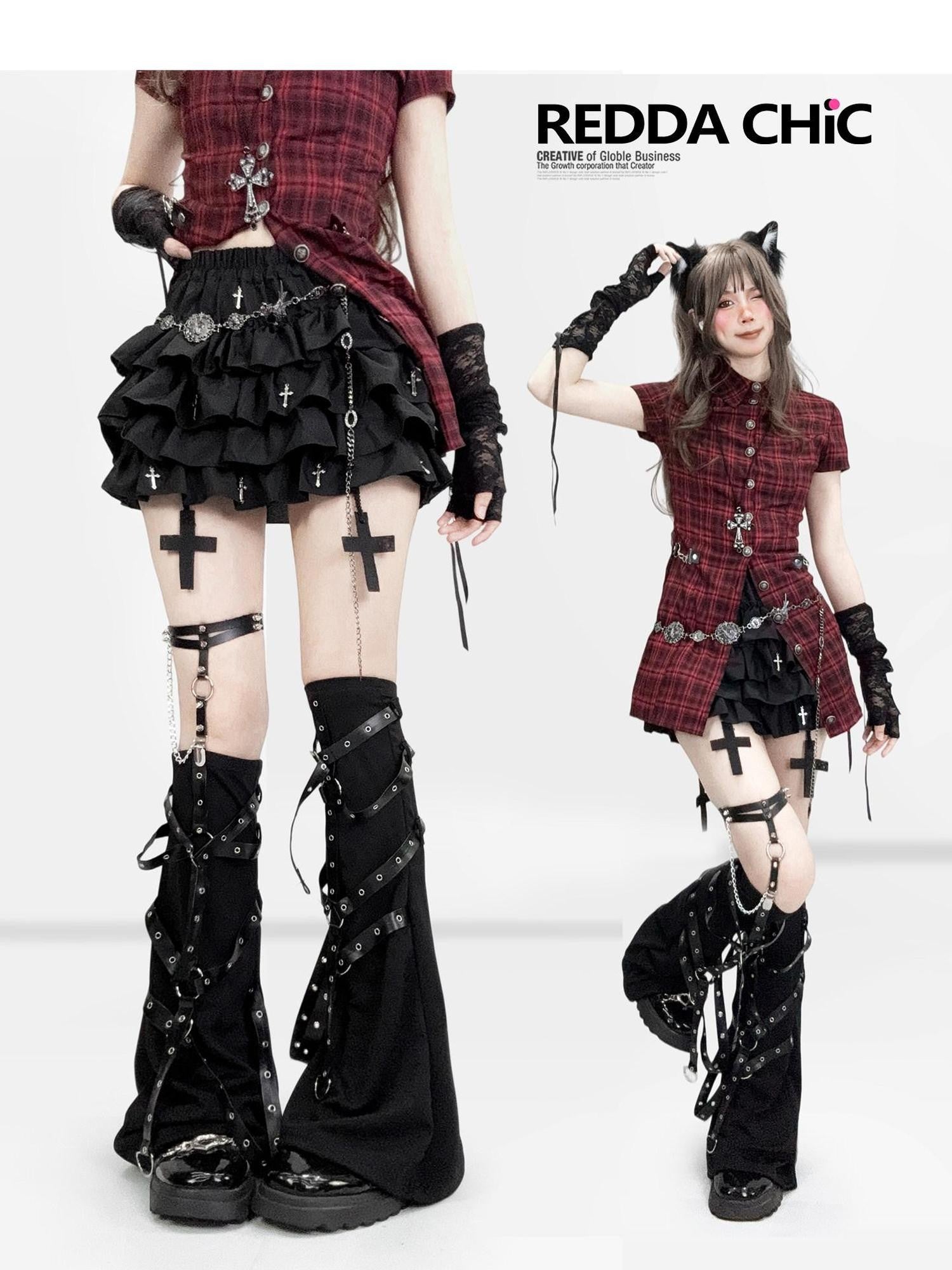 REDDACHIC Dark Punk Cross Tiered Cake Pleated Women'S Polyester Skorts