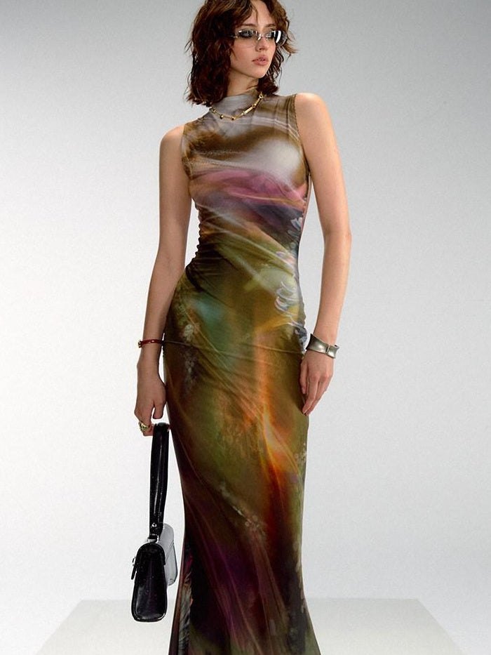 OfAkiva High Waist Mesh Poppy Print Chinese Inspired A Line Womens Maxi Dresses