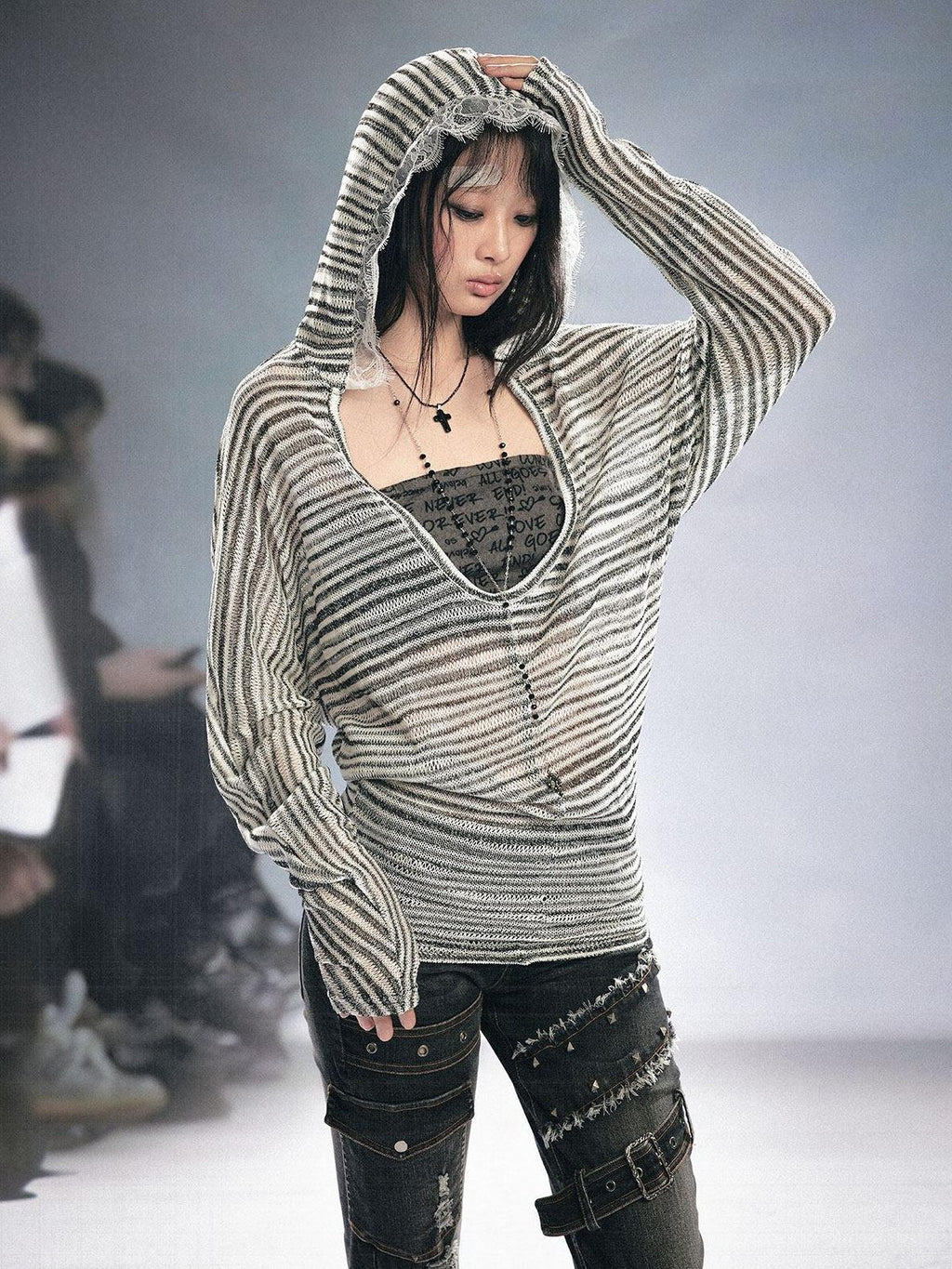 Cest Nous Oversized Punk Letter Print Batwing Hooded Pullover Women Polyester Hoodie