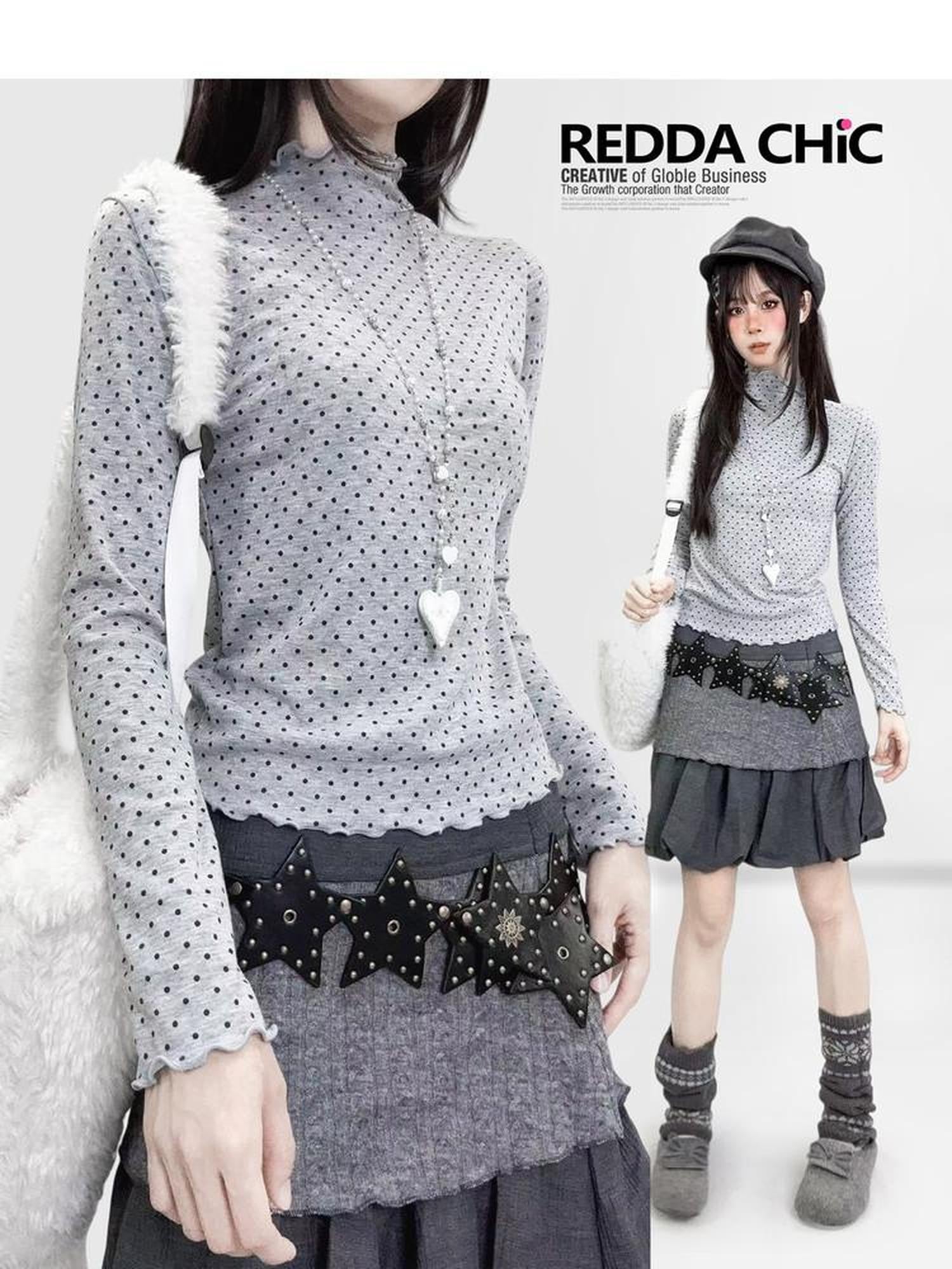 REDDACHIC Gray Polka Dot Knit Half Turtleneck Slim Women'S Long Sleeve T-Shirts