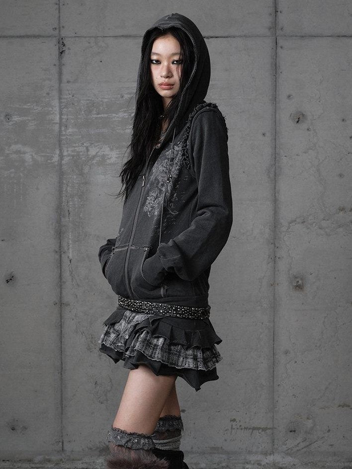 NO ROMANCE Deep Gray Y2K Printed Lace Detachable Hood Sweatshirt Women'S Mini Dresses