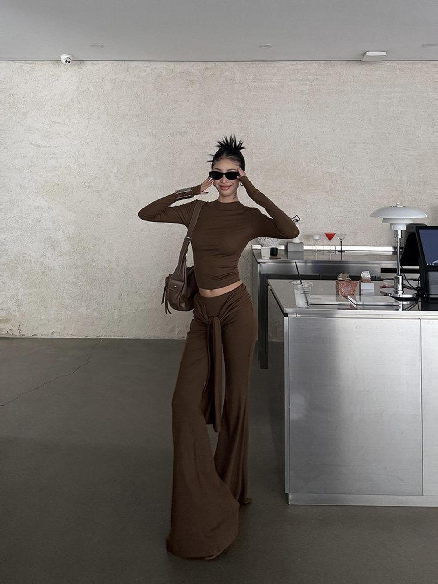ZERO High Stretch Tie Crop Tee Slim Fit Long Sleeve Solid Top & Pants Sets