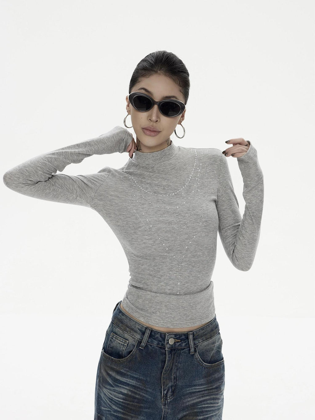 ZERO Rhinestone Street Slim High Neck Lyocell Knit Women Long Sleeve Crop Tops