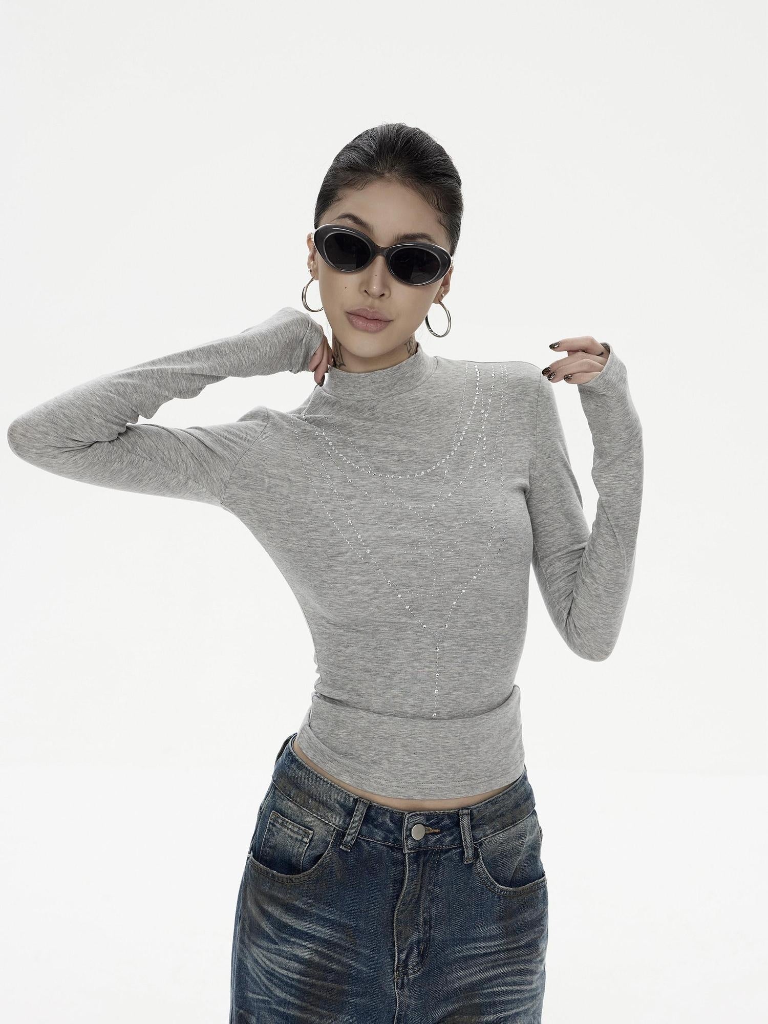 ZERO Rhinestone Street Slim High Neck Lyocell Knit Women Long Sleeve Crop Tops