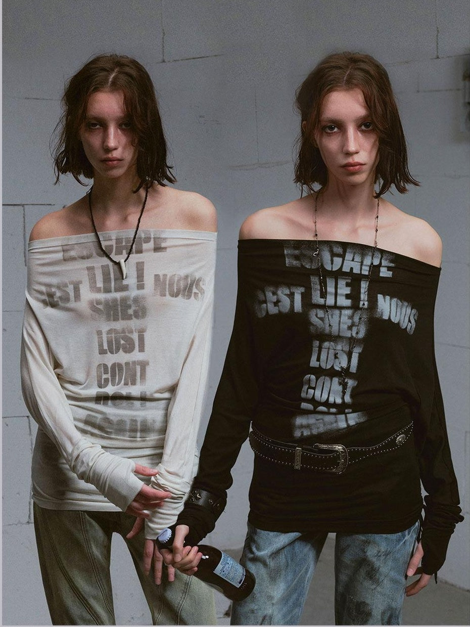 Cest Nous Lyocell Printed Street Punk Loose Batwing Women Crop Offshouldercroptops