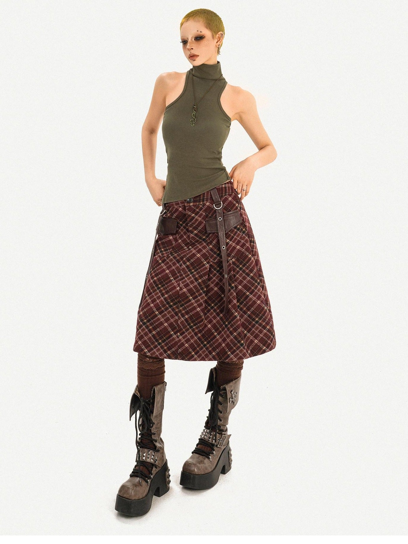 Nico Molly Casual Distressed Plaid A Line Button Pocket Midwaist Tweed Women Midi Skirts