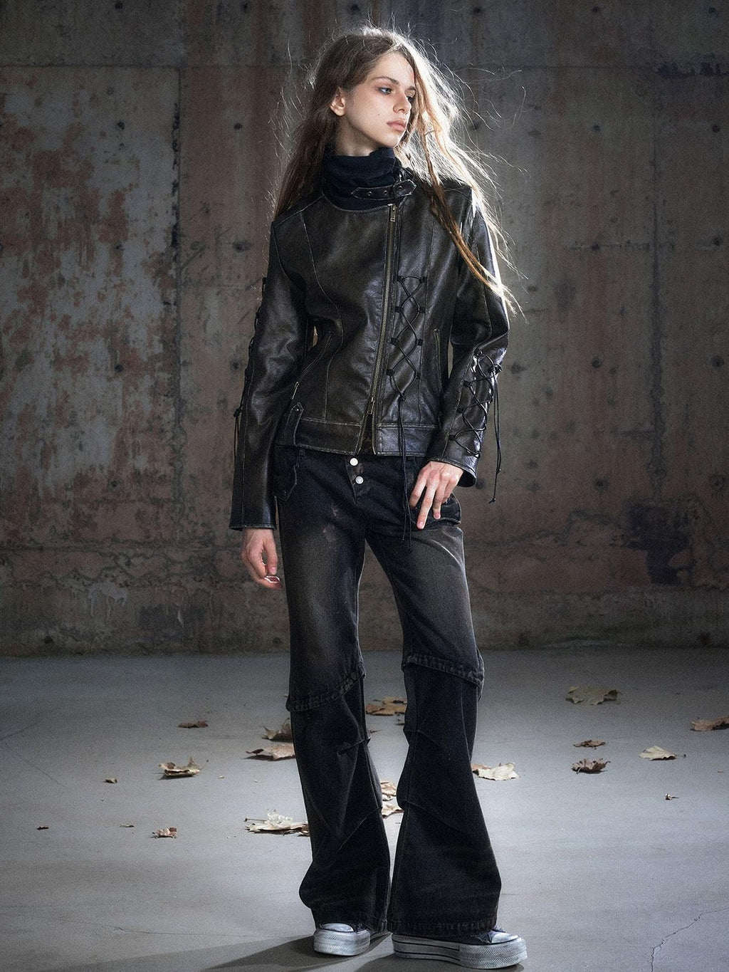 Cest Nous Patchwork Punk Low Waist Asymmetric Women Washed Black Cotton Straightlegjeans