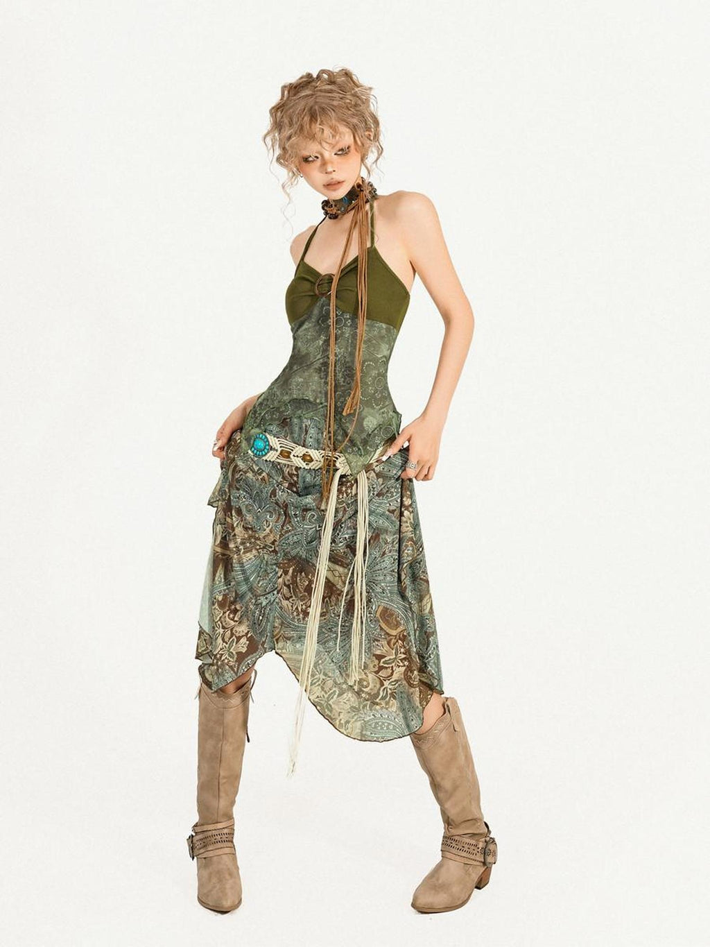 Nico Molly Floral Patchwork V-neck Slim Fit Sleeveless Women Printed Green Top & Skirt Sets