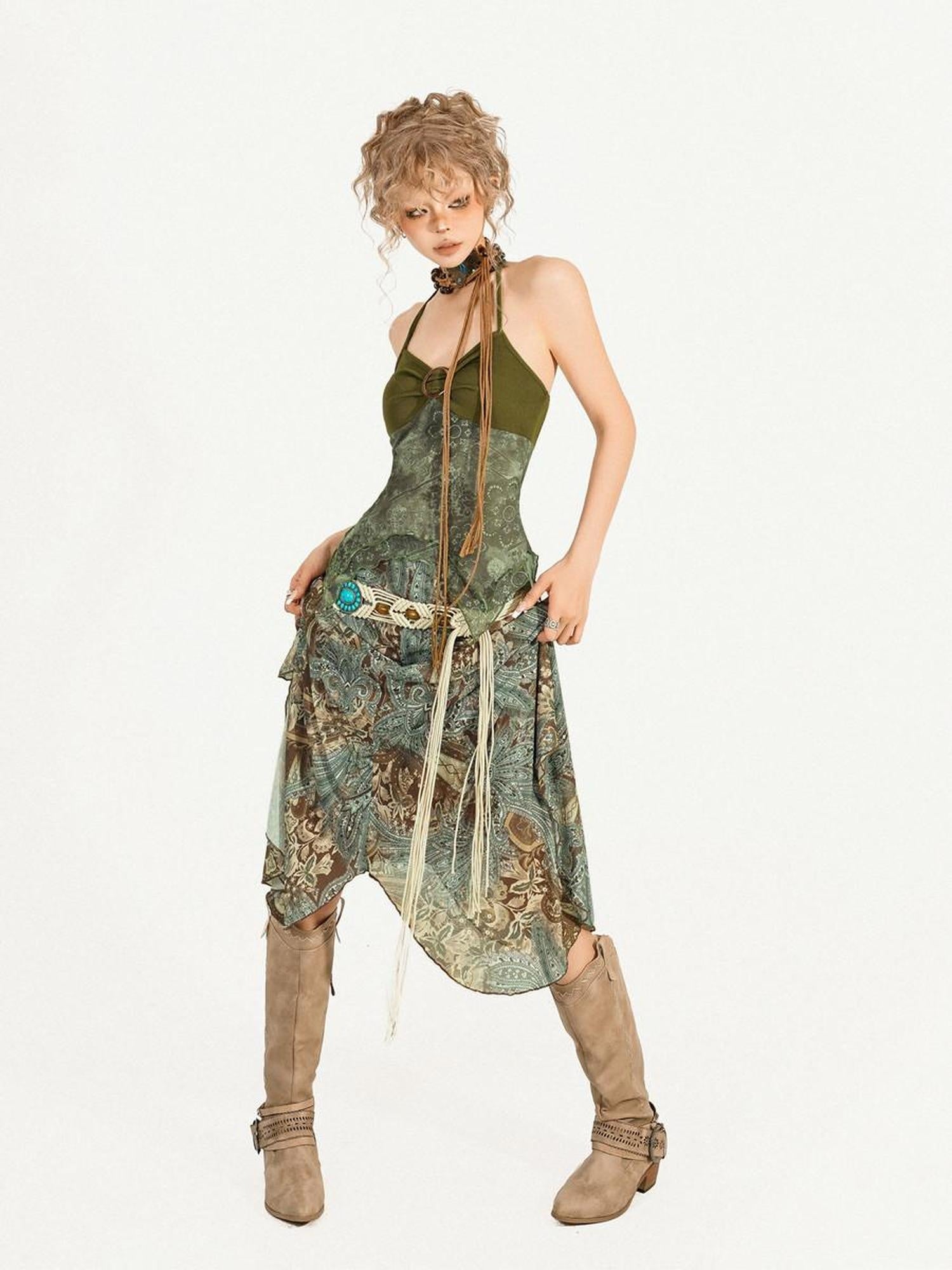 Nico Molly Floral Patchwork V-neck Slim Fit Sleeveless Women Printed Green Top & Skirt Sets
