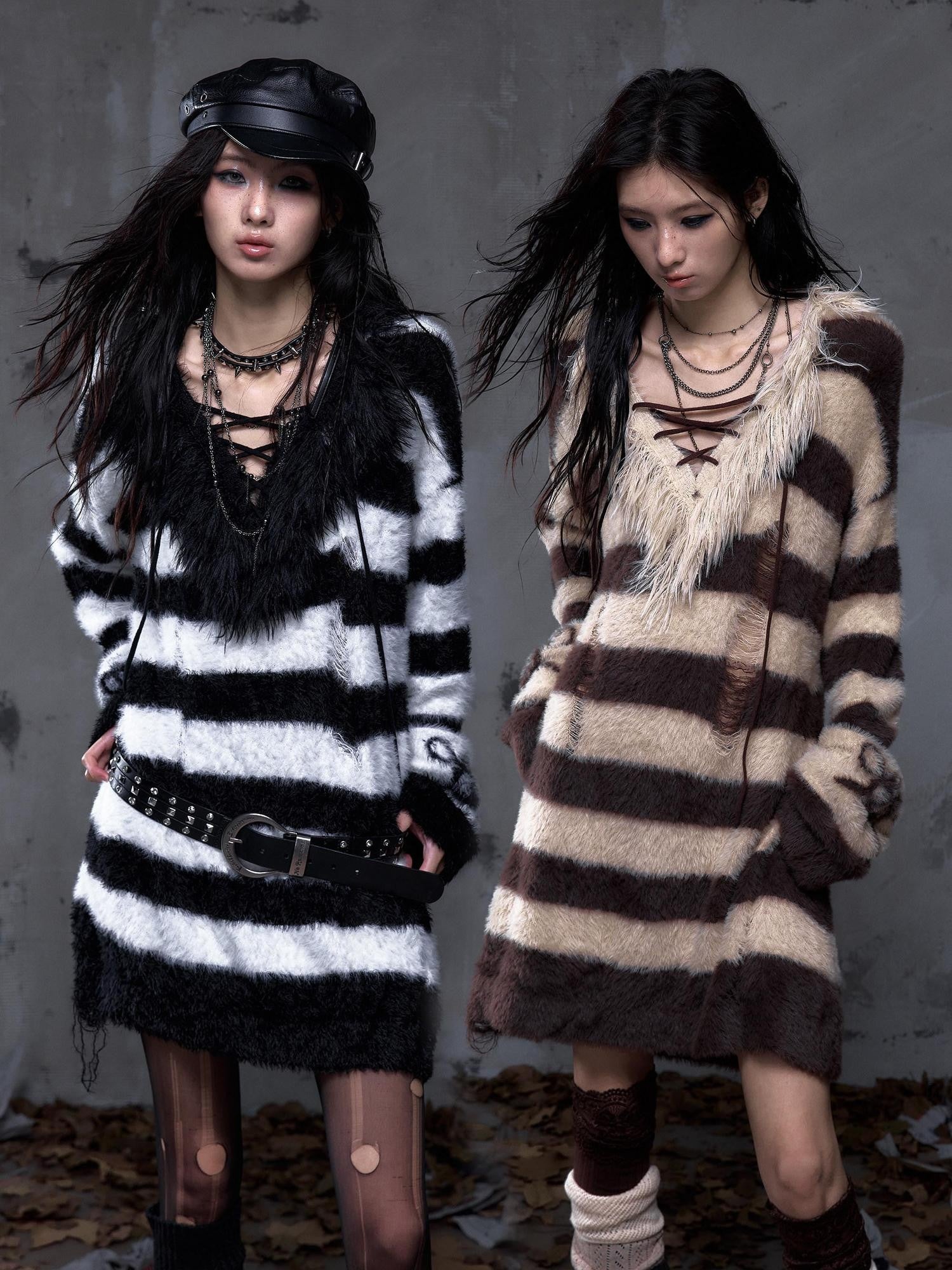NO ROMANCE Vintage Punk Distressed Striped Women'S Faux Mink Low Neck Loose Long Sweaters