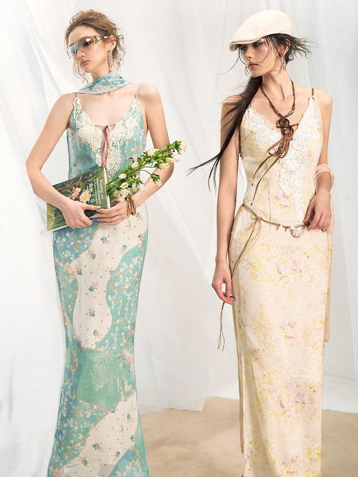 OfAkiva Flattering Cinched Waist Printed V-neck A Line Sleeveless Casual Maxi Dresses