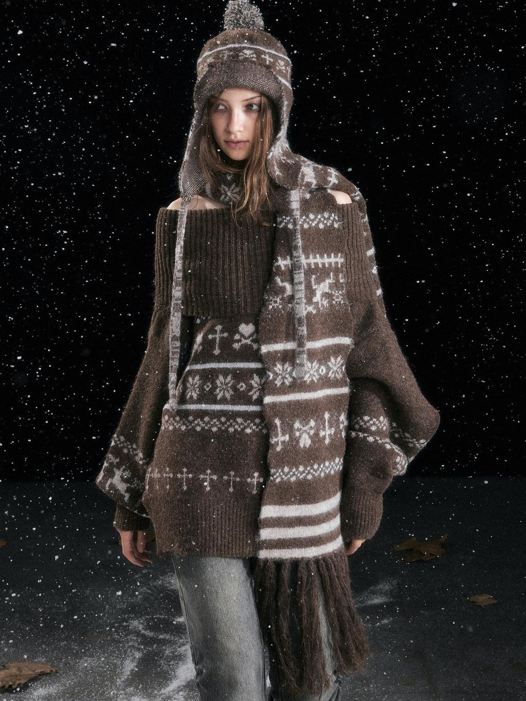 Cest Nous Cozy Wool Rectangular Neck Wrap Women Brown Geometric Scarves