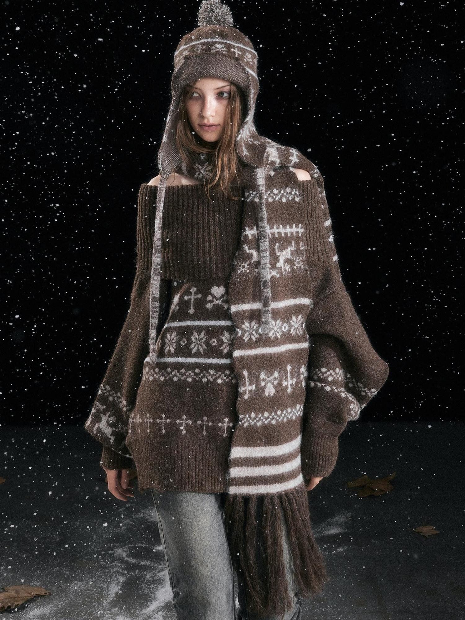 Cest Nous Cozy Wool Rectangular Neck Wrap Women Brown Geometric Scarves