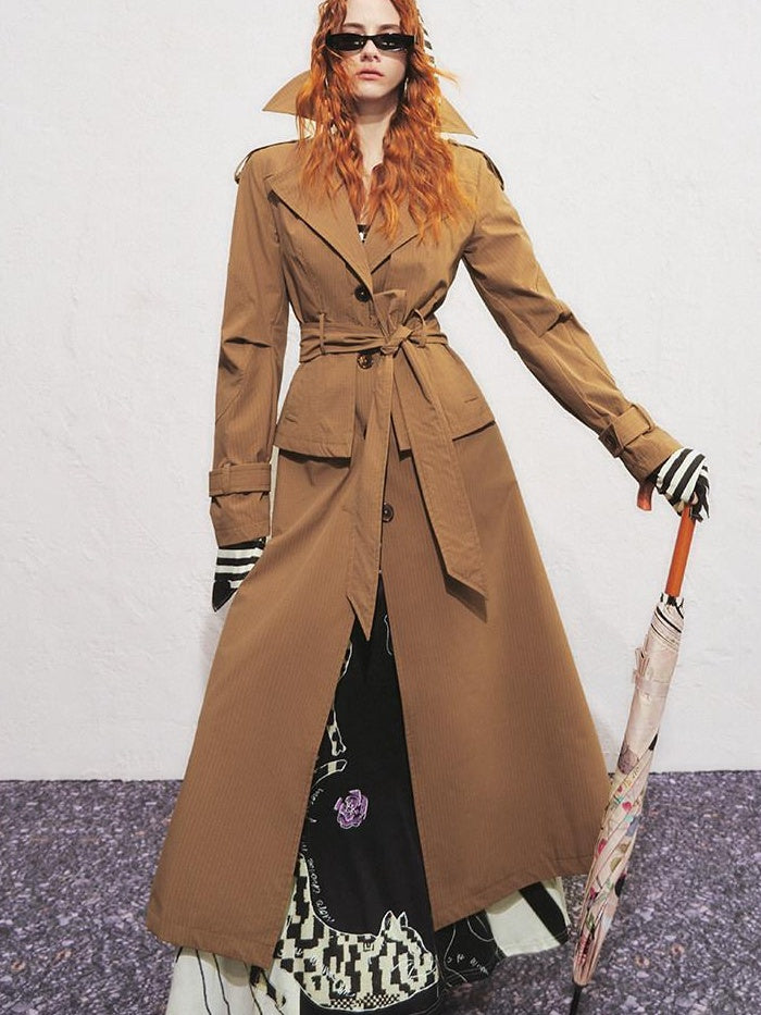 OfAkiva Faux Two Piece Long Stand Collar Straight Office Women Trench Coats