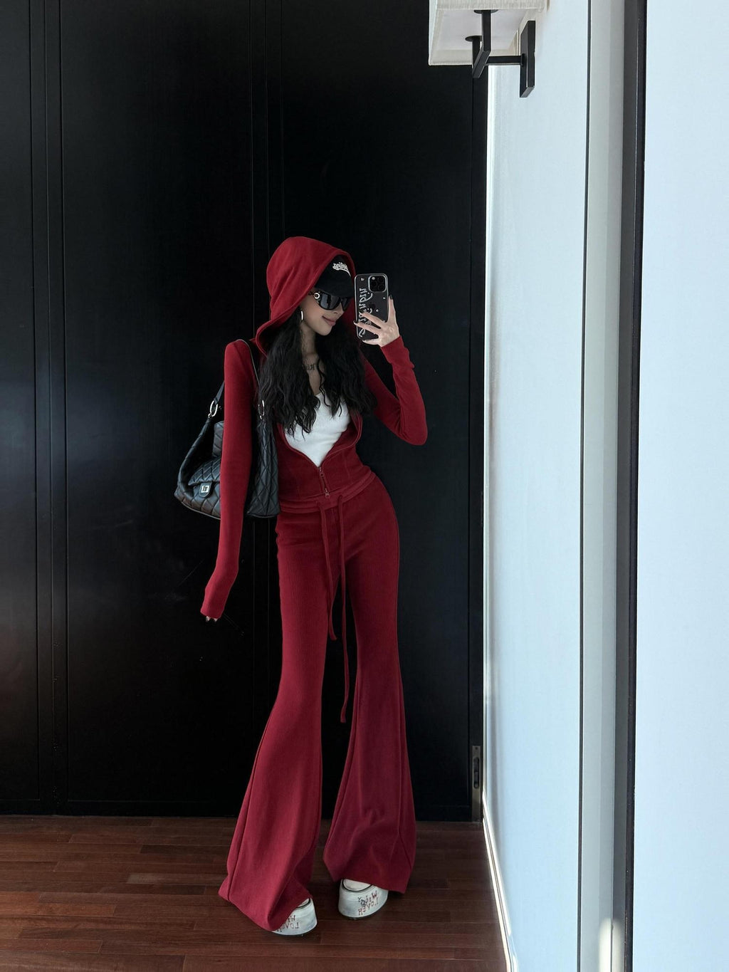 ZERO Soft Stretch Hooded Sweatshirt High Waist Pants Casual Women Red Top & Pants Sets