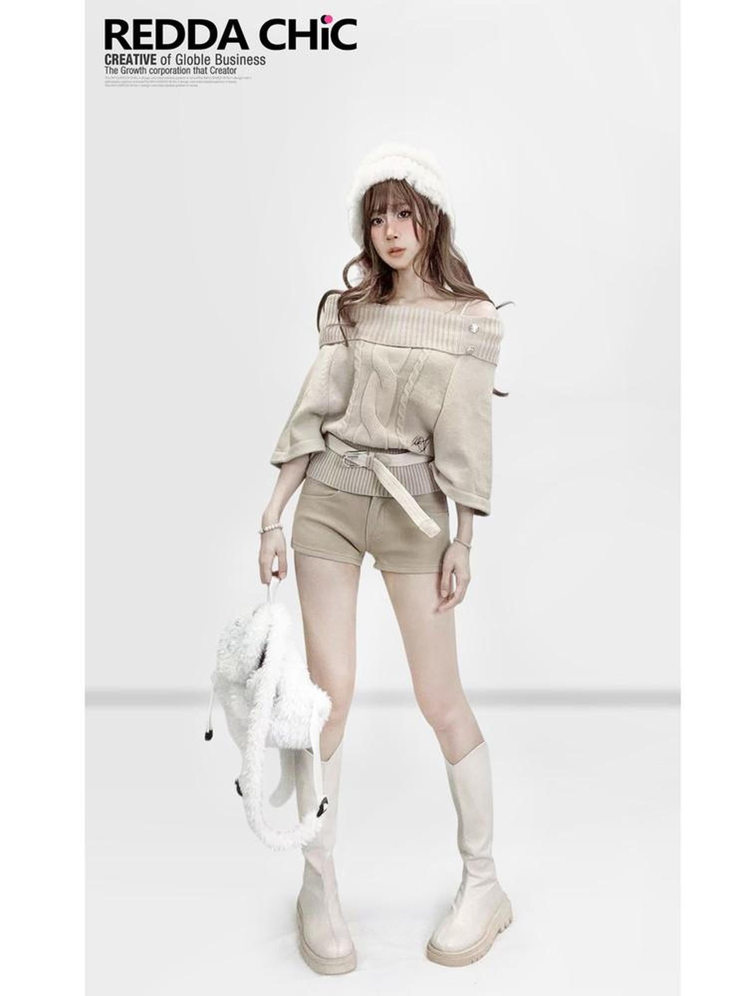 REDDACHIC Vintage Khaki Fleece Lined High Waist Slim Women'S Cotton Stretch Denim Shorts