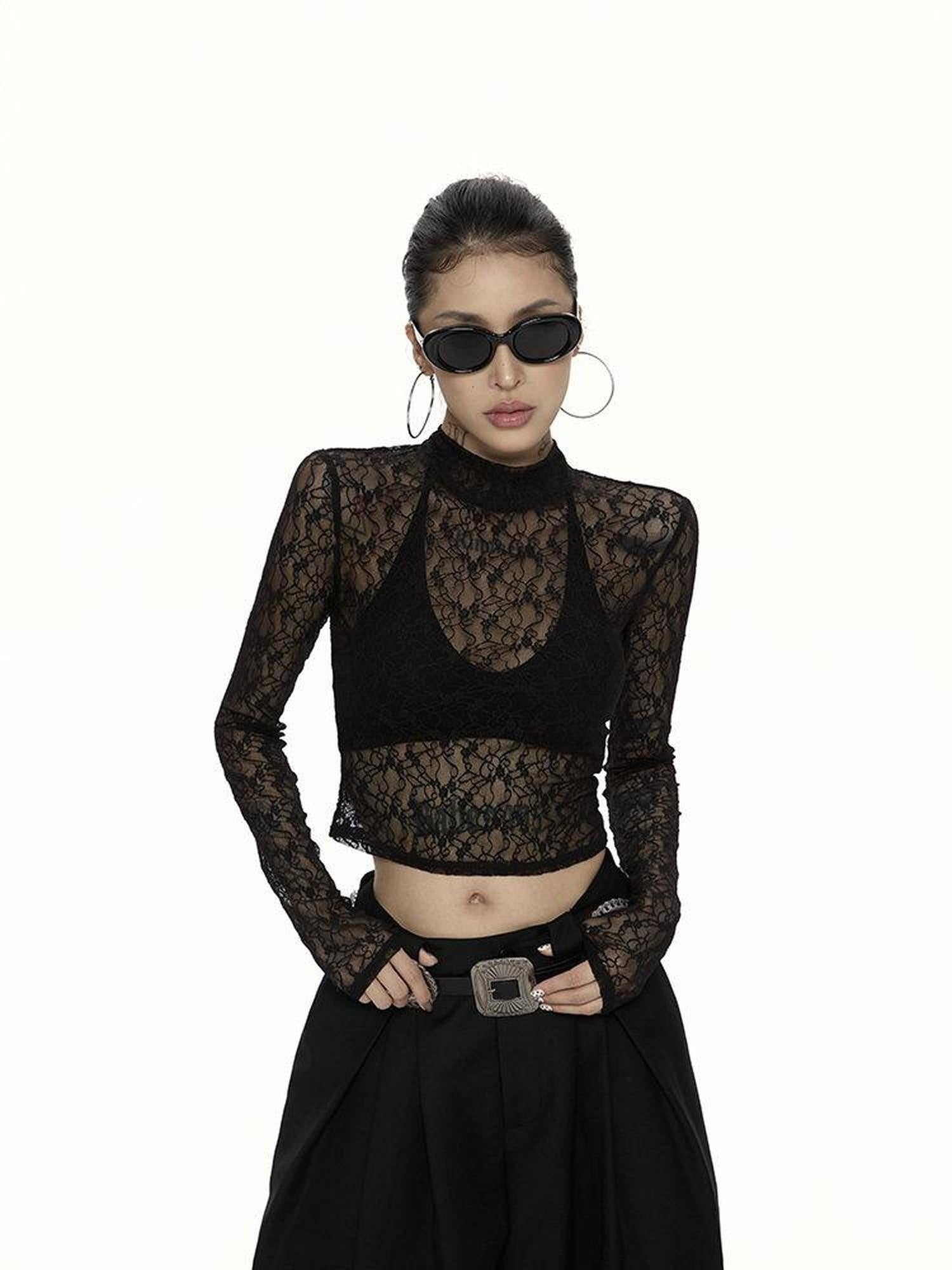 ZERO Lace Trim High Neck Casual Slim Fit Women Daily Black Knit Long Sleeve Crop Tops