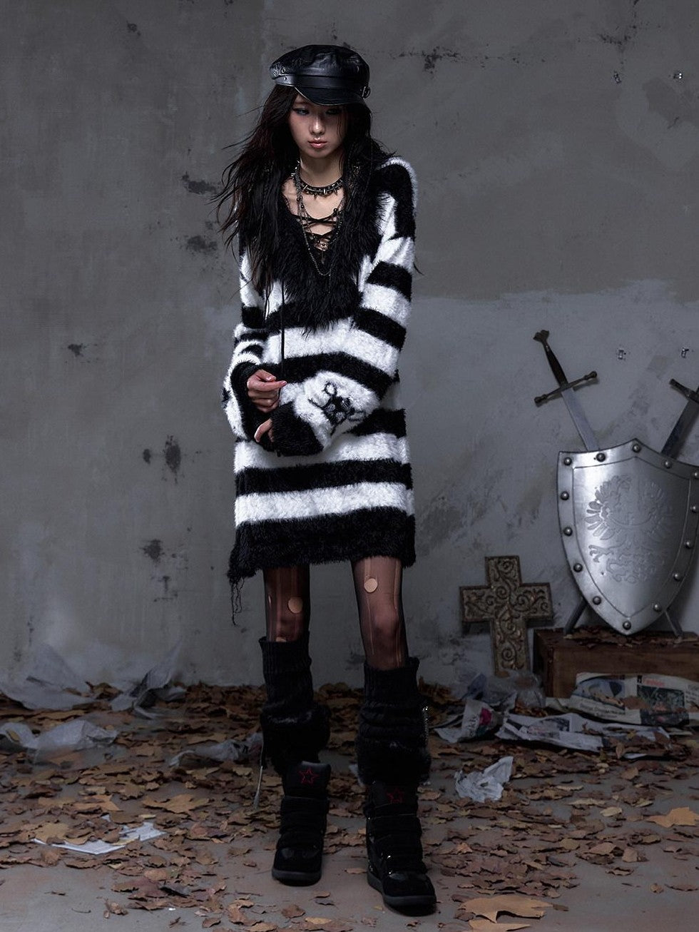 NO ROMANCE Vintage Punk Distressed Striped Women'S Faux Mink Low Neck Loose Long Sweaters