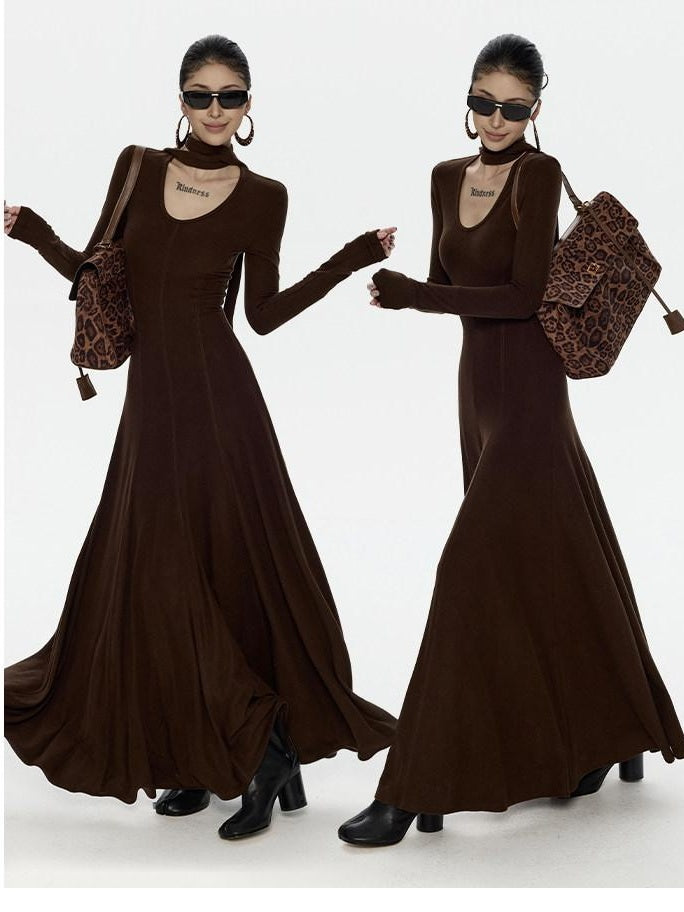 ZERO High Stretch Viscose Casual Flared Long Sleeve V-neck Women Maxi Dresses