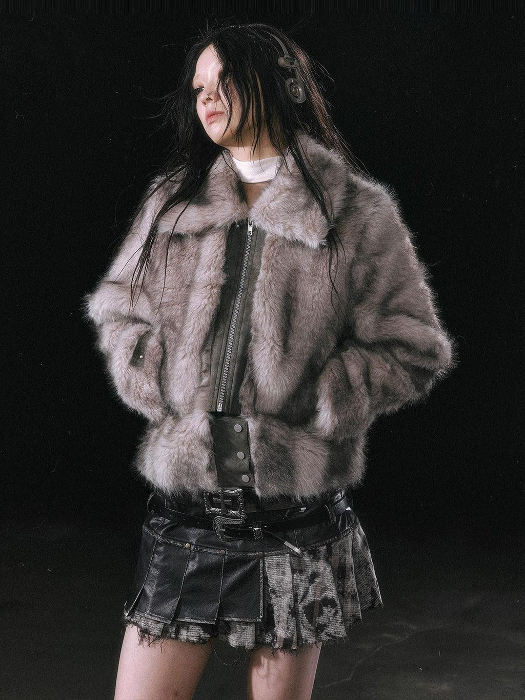 Cest Nous Thick Fur Collar Punk Street Short Fit Young Adults Silver Gray Beige Jackets