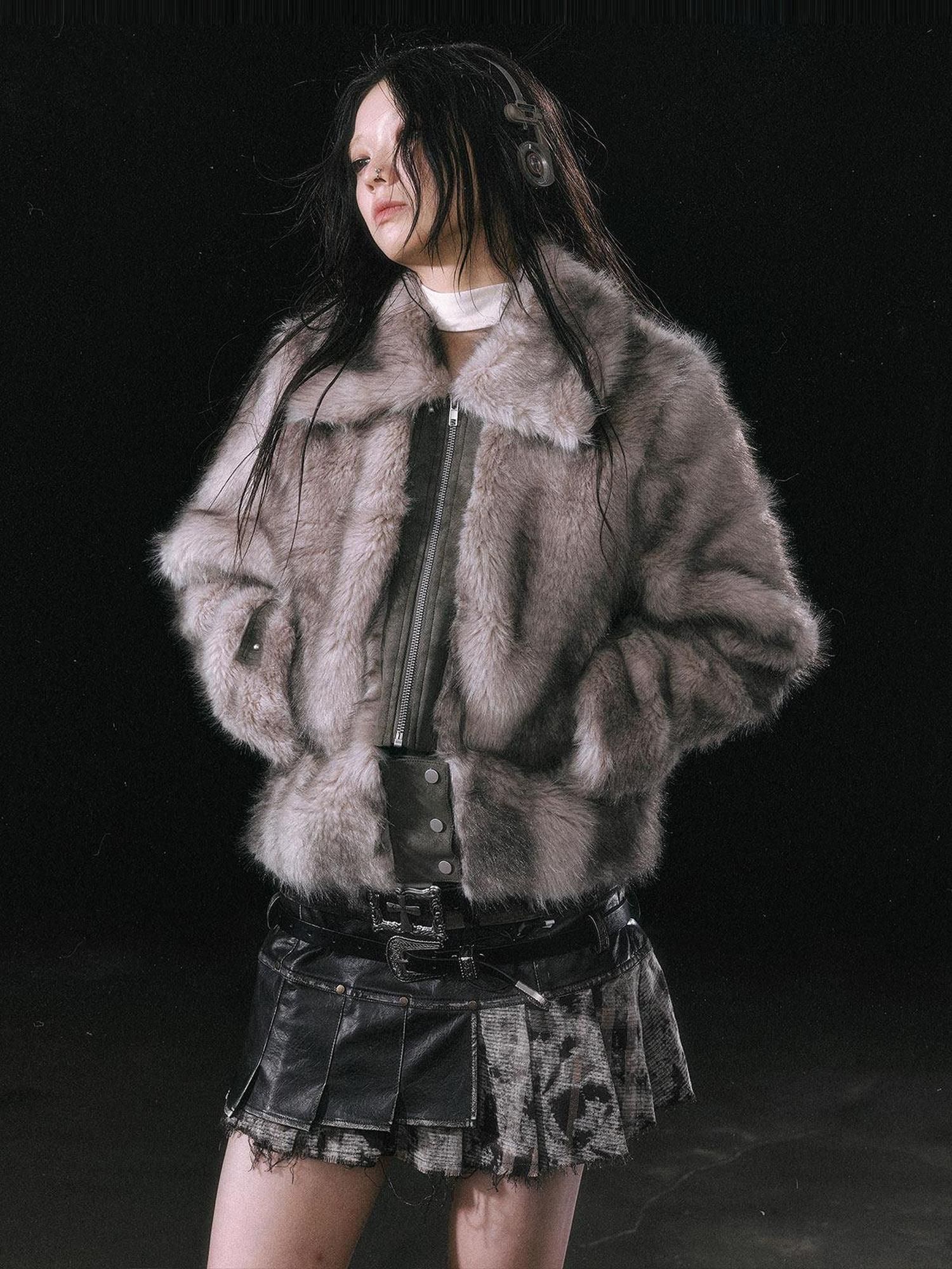 Cest Nous Thick Fur Collar Punk Street Short Fit Young Adults Silver Gray Beige Jackets