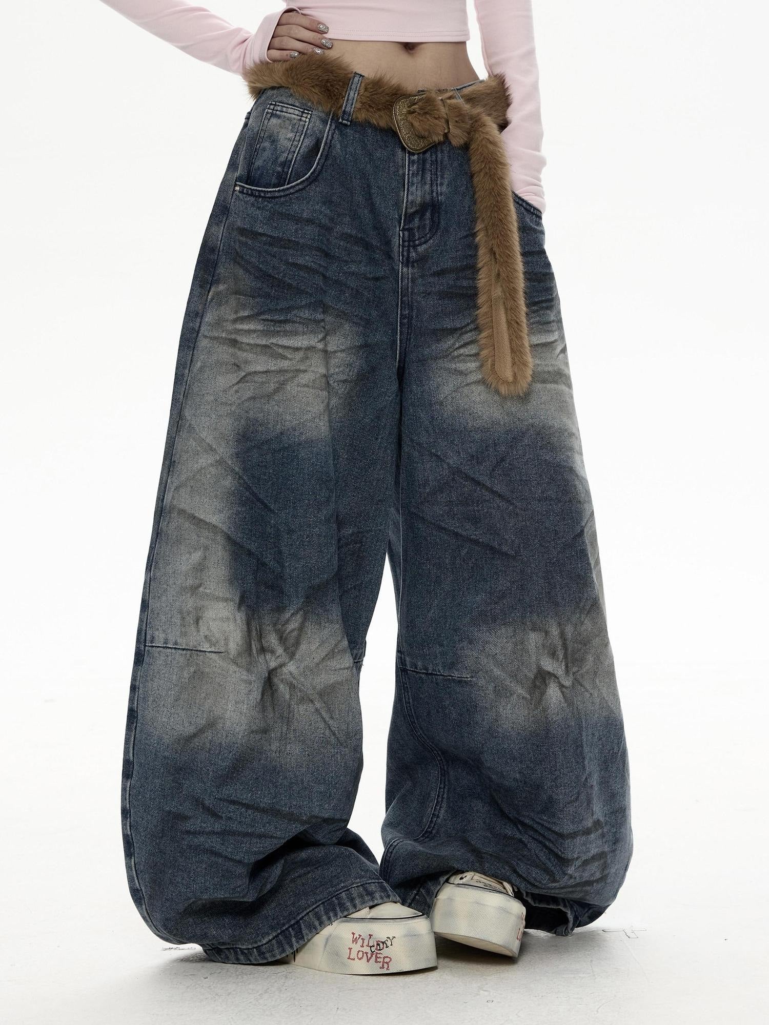 ZERO Retro Distressed Low Rise Loose Blue Denim Button Fly Womens Wide Leg Jeans