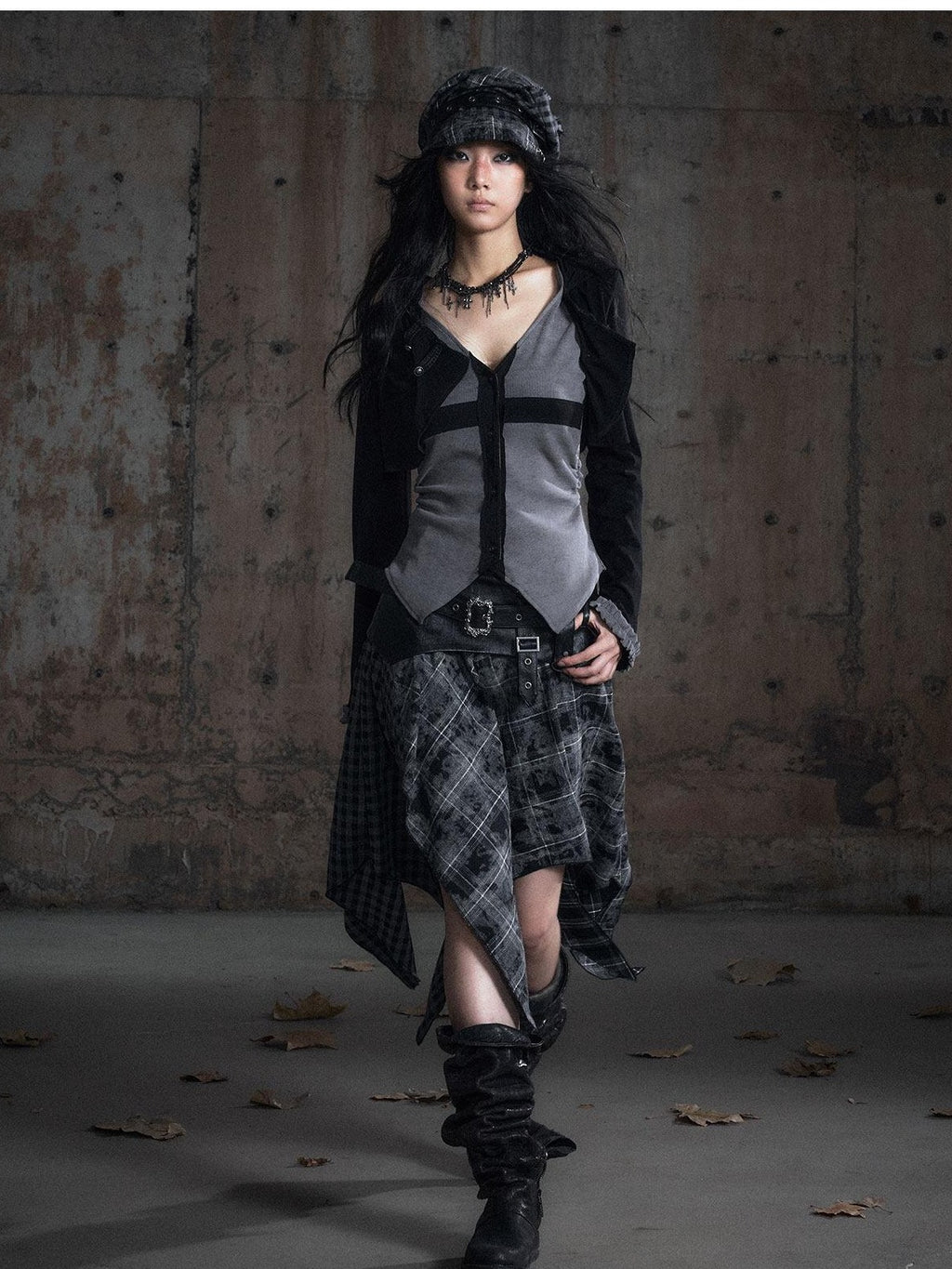 Cest Nous Pu Patchwork Punk Asymmetric Low Waist Youth Daily Wear Cotton Blend Midiskirts