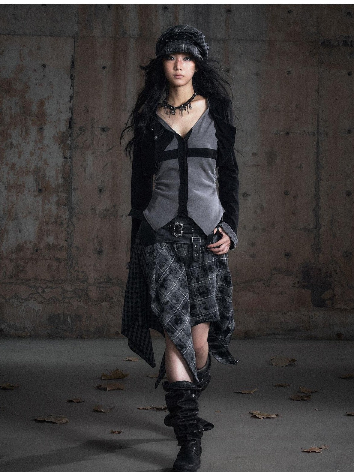 Cest Nous Pu Patchwork Punk Asymmetric Low Waist Youth Daily Wear Cotton Blend Midiskirts