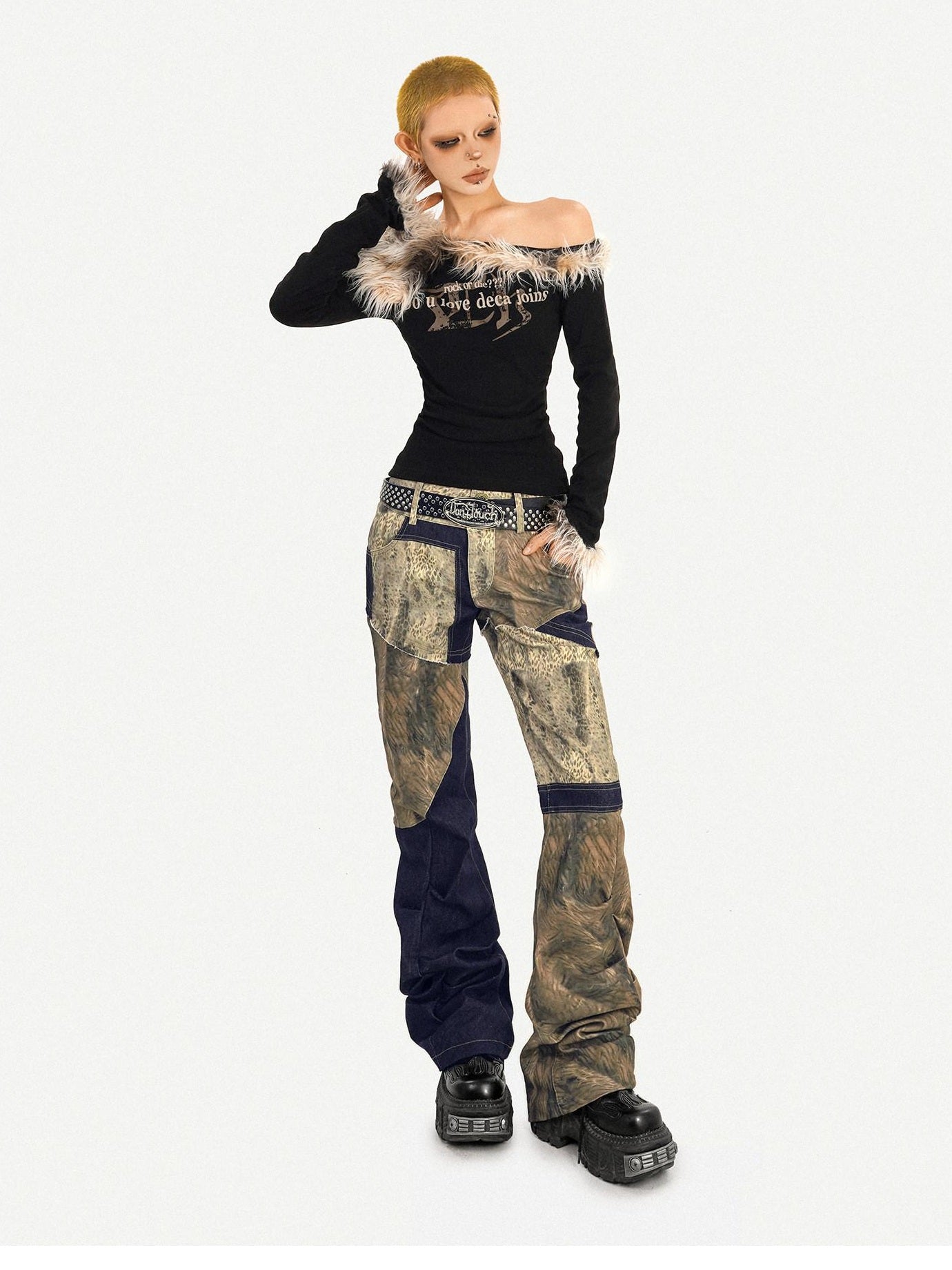 Nico Molly Vintage Slim Fit Asymmetric Neckline Patchwork Women Long Sleeve T-Shirts