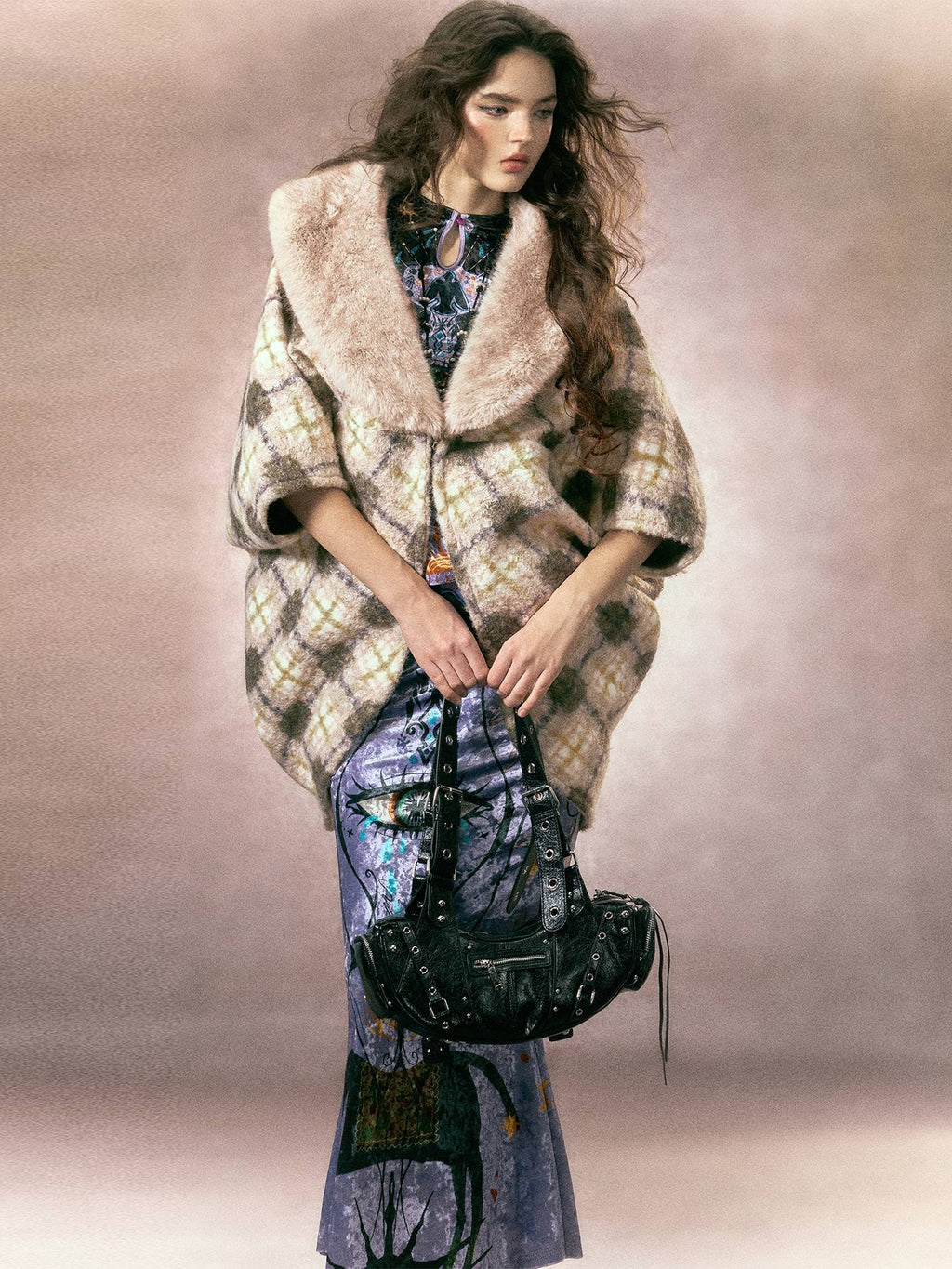 OfAkiva Cozy Thick Vintage Cape Silhouette V-neck Mid Length Plaid Women Jackets
