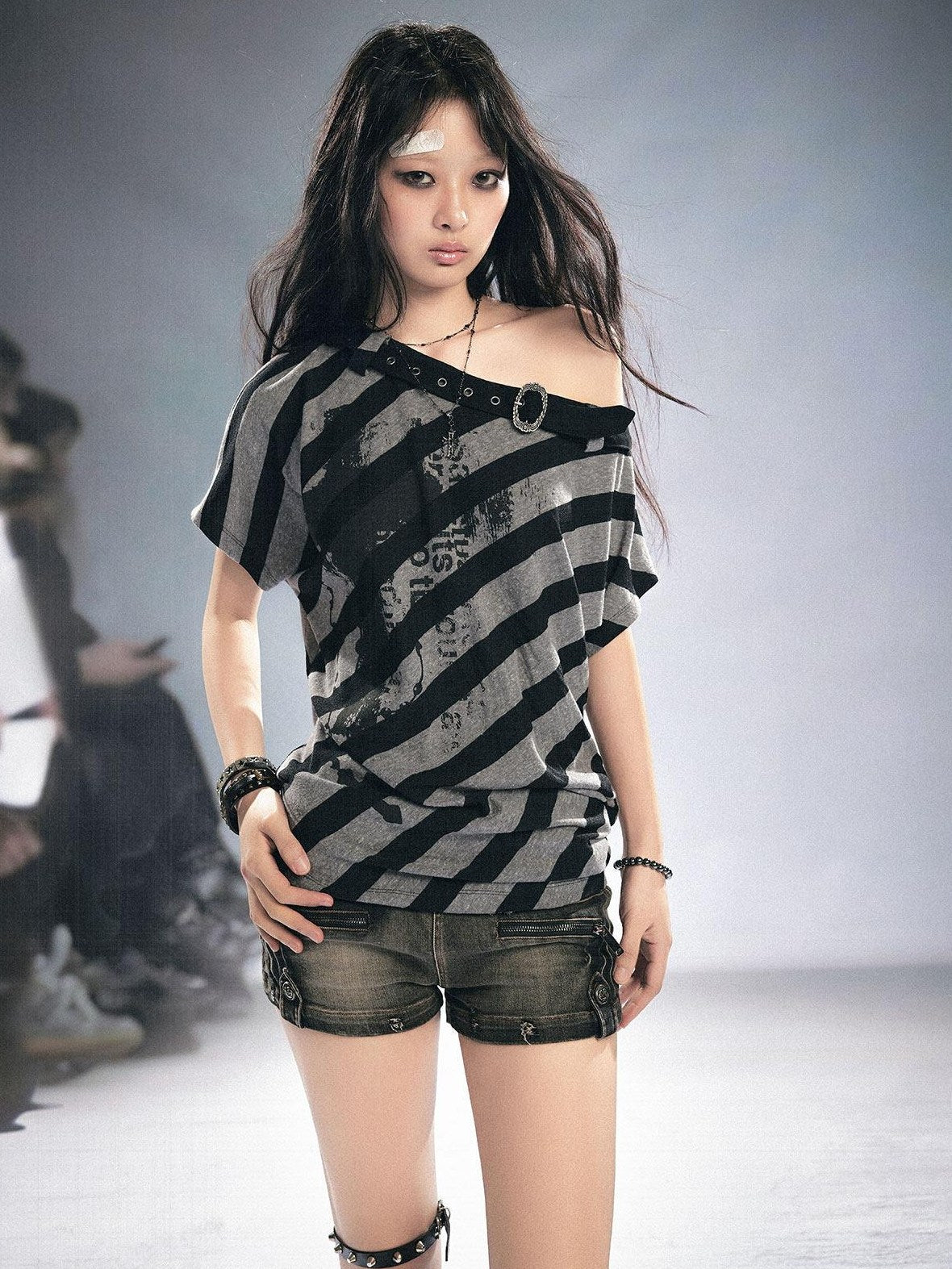 Cest Nous Punk Stripe Batwing Short Sleeve Asymmetric Neck Black Grey Offshouldercroptops